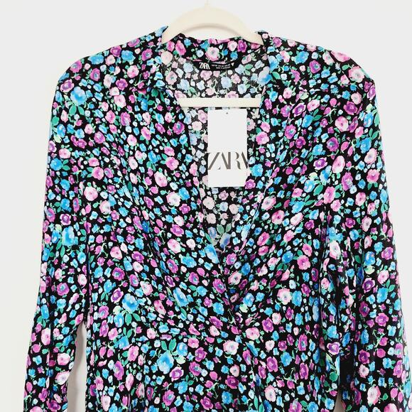 Zara Floral Print V-Neck Satin Effect Wrap Mini Dress Blue Pink Purple XS - Picture 6 of 7